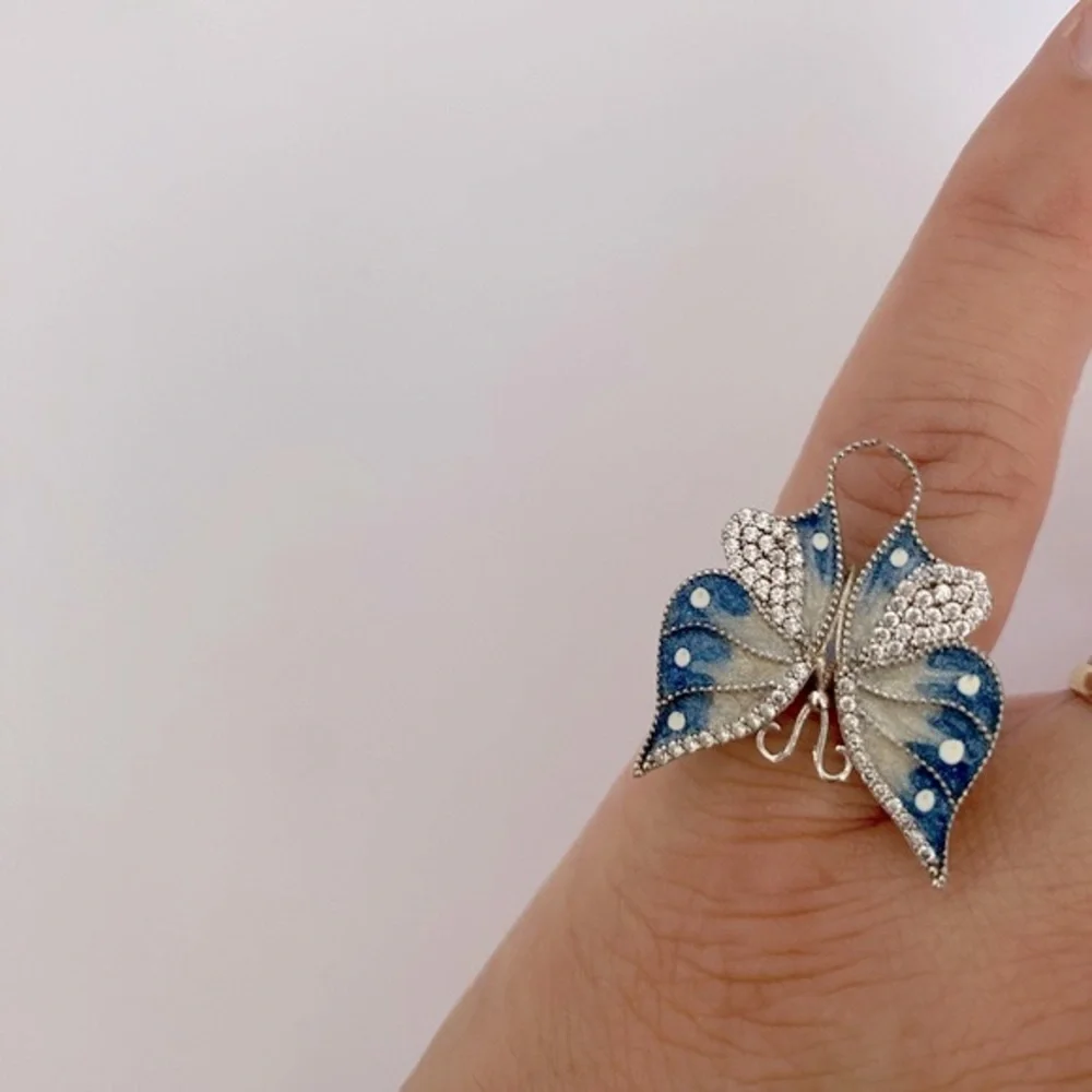 🦋925 Silver butterfly cz size adjustable ring handmade enamel